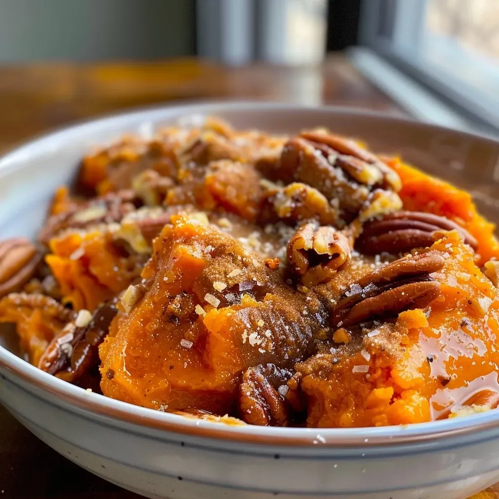 ['Close-up side view of a creamy Crockpot Sweet Potato Casserole topped with pecans.', 'Juicy baked sweet potato casserole in a crockpot, showing a golden-brown topping.', 'Delicious sweet potato casserole with a crunchy pecan topping in a slow cooker.', 'Side view of sweet potato casserole in a dish, highlighting its rich, inviting texture.']