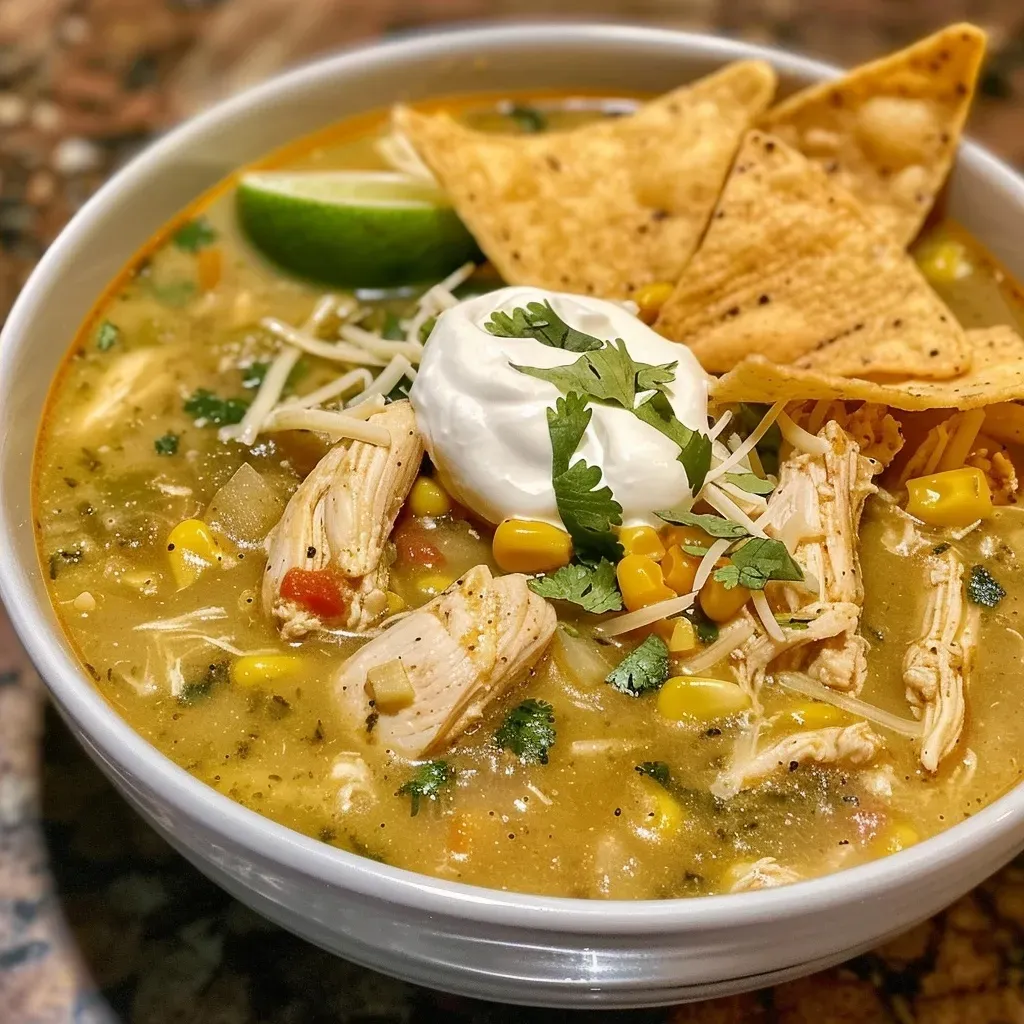 A close-up side view of a bowl of Crockpot White Chicken Chili, showcasing its creamy texture and colorful ingredients.