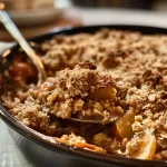 ['Close-up view of golden brown crumble topping on a baked dessert.', 'Side view of delicious crumble topping with a textured, crumbly appearance.', 'Savory crumble topping made with brown sugar and butter, captured in detail.', 'Juicy crumble topping showcasing a blend of flour, sugar, and cinnamon.']