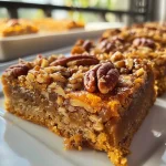 ['Close-up view of crunchy pumpkin pecan pie bars with a golden crust and pecans on top.', 'Side view of pumpkin pecan pie bars displaying layers of pumpkin filling and a crunchy topping.', 'Delicious pumpkin pecan pie bars presented with a rich texture and visible pecan pieces.', 'Juicy pumpkin pecan pie bars showcasing a baked crust and a glossy topping of pecans.']
