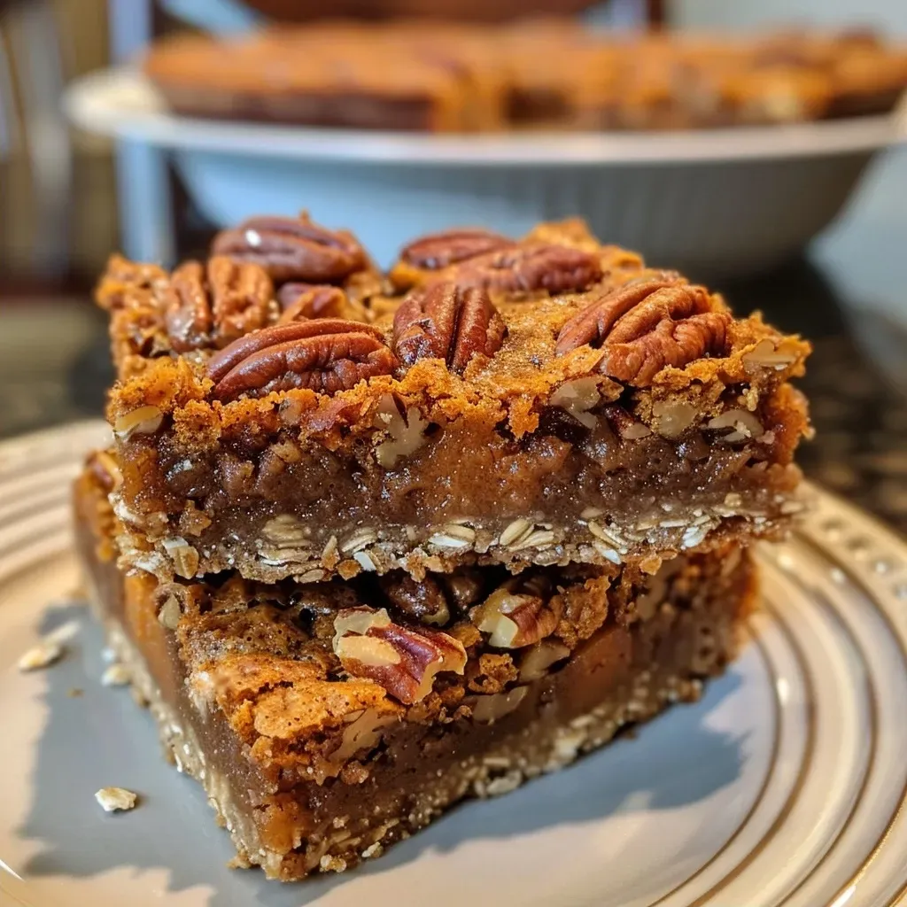 ['Close-up view of crunchy pumpkin pecan pie bars with a golden crust and pecans on top.', 'Side view of pumpkin pecan pie bars displaying layers of pumpkin filling and a crunchy topping.', 'Delicious pumpkin pecan pie bars presented with a rich texture and visible pecan pieces.', 'Juicy pumpkin pecan pie bars showcasing a baked crust and a glossy topping of pecans.']