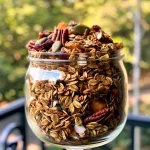 ['Close-up shot of crunchy pumpkin spice granola with visible oats, nuts, and cranberries.', 'Side view of granola featuring pumpkin seeds, shredded coconut, and a golden brown color.', 'Textured close-up of homemade pumpkin spice granola showing various ingredients.', 'Detailed view of a bowl of pumpkin spice granola highlighting its crunchy texture and seasonings.']
