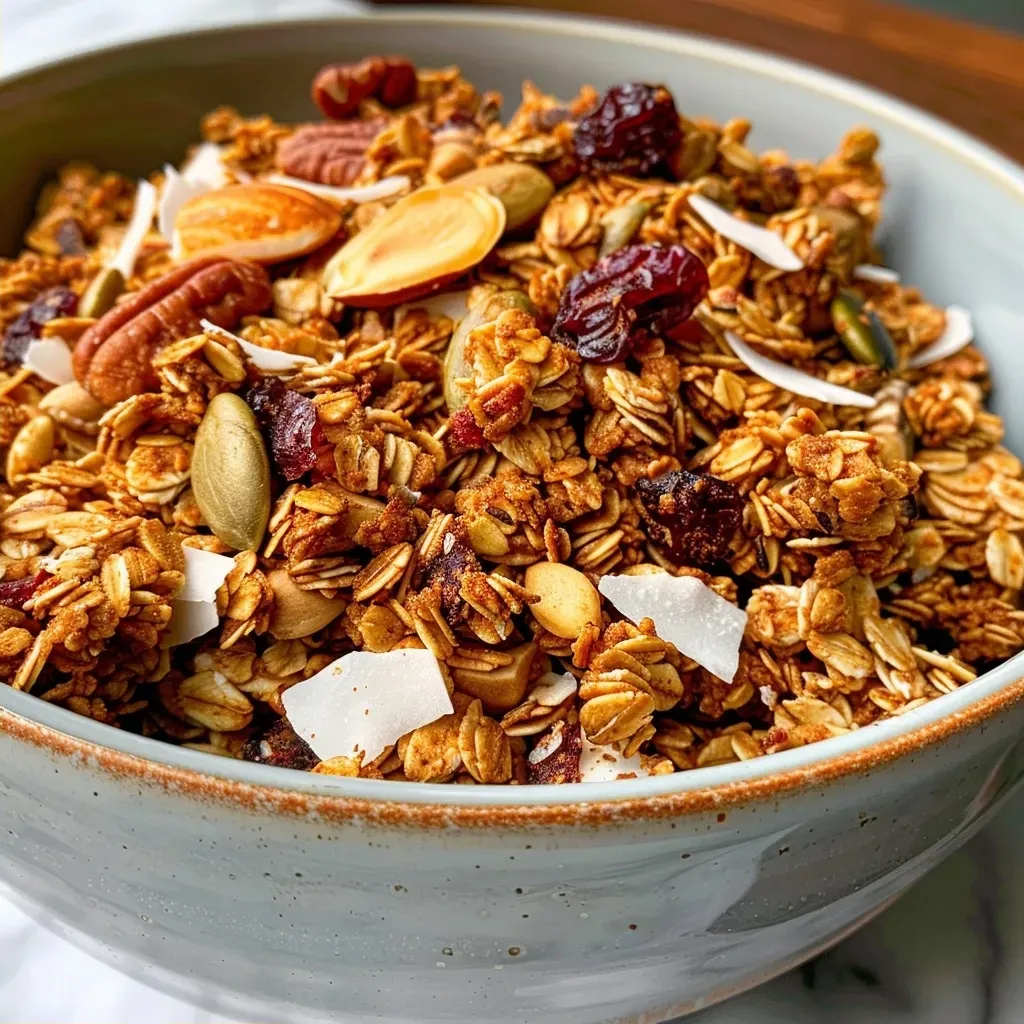['Close-up shot of crunchy pumpkin spice granola with visible oats, nuts, and cranberries.', 'Side view of granola featuring pumpkin seeds, shredded coconut, and a golden brown color.', 'Textured close-up of homemade pumpkin spice granola showing various ingredients.', 'Detailed view of a bowl of pumpkin spice granola highlighting its crunchy texture and seasonings.']