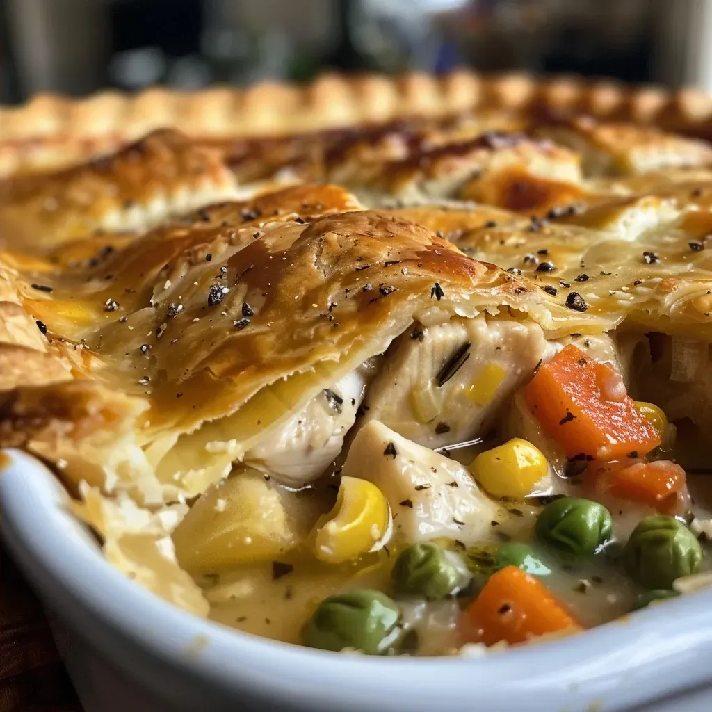 ['A close-up shot of a crustless chicken pot pie showing juicy chicken and colorful vegetables.', 'A side view of a crustless chicken pot pie with visible chunks of chicken, carrots, and peas.', 'A detailed view of a hearty crustless chicken pot pie, highlighting its creamy texture and mix of ingredients.', 'An appetizing close-up of a crustless chicken pot pie displaying vibrant colors and succulent chicken pieces.']