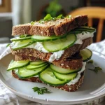 ['Side view of a Cucumber Sandwich with cream cheese and yogurt on whole-wheat bread.', 'Close-up of a juicy cucumber sandwich, highlighting the fresh ingredients.', 'Detailed view of a cucumber sandwich, showcasing slices of cucumber and creamy filling.', 'Side profile of a freshly made cucumber sandwich with green cucumber pieces.']