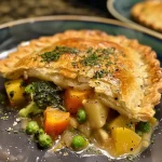 ['Close-up side view of a creamy dairy-free veggie pot pie filled with colorful vegetables.', 'Juicy dairy-free veggie pot pie with a golden crust and vibrant vegetable filling.', 'Side view of a steaming dairy-free pot pie, showcasing a variety of vegetables inside.', 'Creamy vegetable pot pie with a flaky crust, highlighting the rich filling and fresh ingredients.']