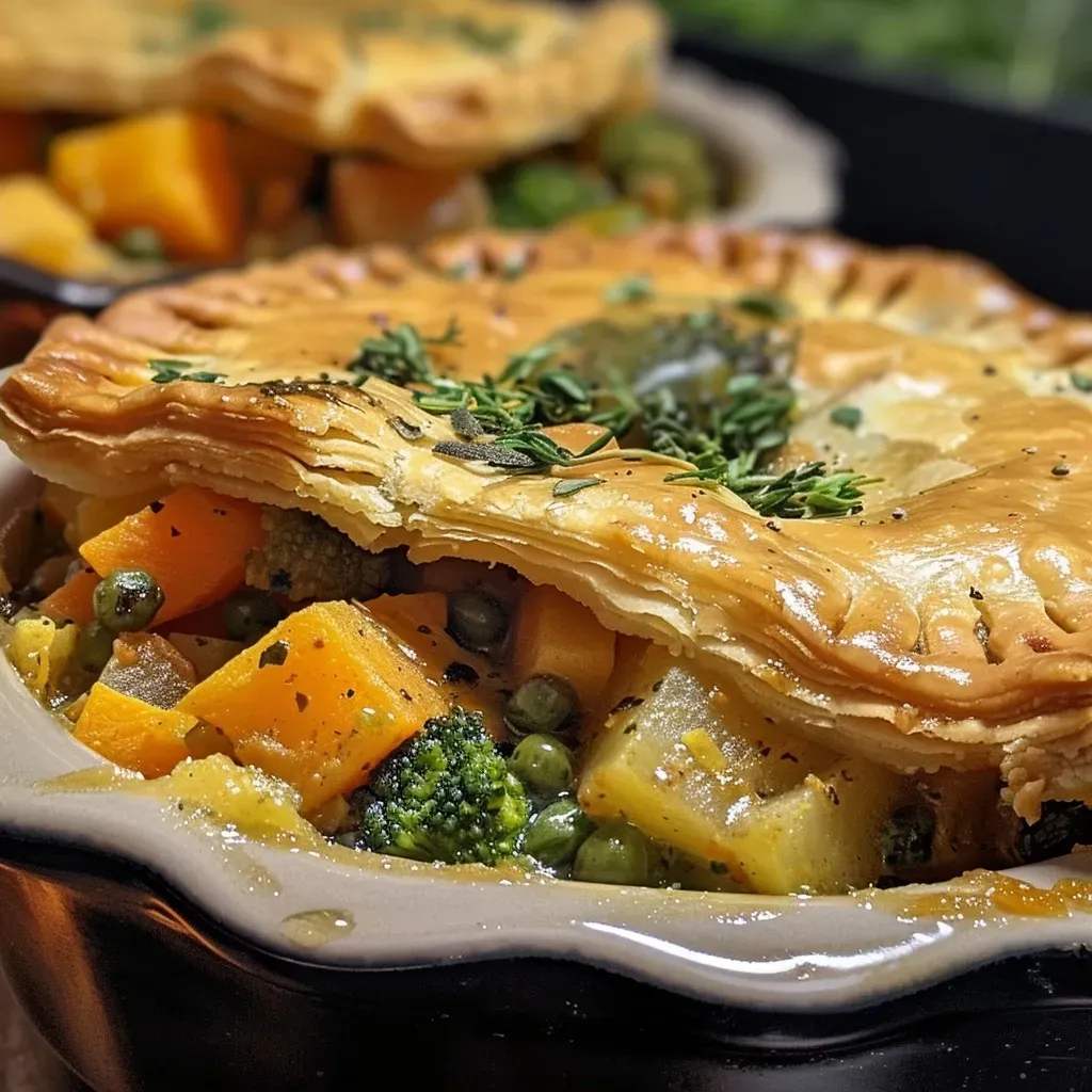 ['Close-up side view of a creamy dairy-free veggie pot pie filled with colorful vegetables.', 'Juicy dairy-free veggie pot pie with a golden crust and vibrant vegetable filling.', 'Side view of a steaming dairy-free pot pie, showcasing a variety of vegetables inside.', 'Creamy vegetable pot pie with a flaky crust, highlighting the rich filling and fresh ingredients.']