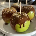 ['Close-up of dark chocolate caramel apples with a shiny coating.', 'Side view of caramel-drizzled apples coated in dark chocolate.', 'Juicy dark chocolate caramel apples glistening with a rich finish.', 'Appetizing display of caramel apples dipped in dark chocolate.']