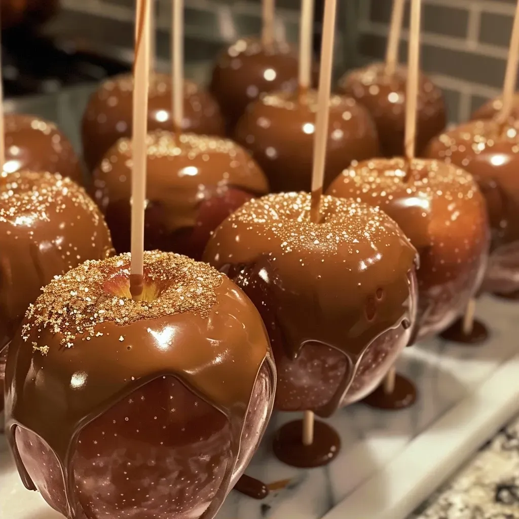 ['Close-up of dark chocolate caramel apples with a shiny coating.', 'Side view of caramel-drizzled apples coated in dark chocolate.', 'Juicy dark chocolate caramel apples glistening with a rich finish.', 'Appetizing display of caramel apples dipped in dark chocolate.']