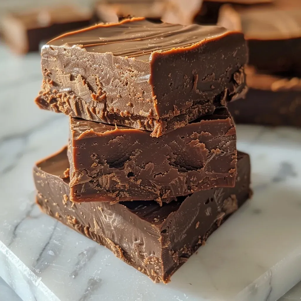 ['A close-up view of rich, dark chocolate fudge with a glossy finish.', 'Thick, decadent dark chocolate fudge displayed from the side, highlighting its texture.', 'Side view of homemade dark chocolate fudge, showcasing its smooth surface and deep color.', 'A slice of dark chocolate fudge, revealing its dense and creamy consistency.']
