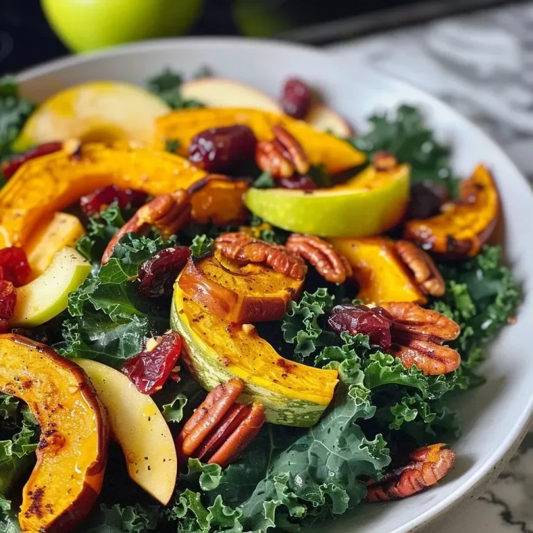 ['Close-up view of a vibrant roasted delicata squash and kale salad, featuring bright colors and fresh ingredients.', 'A side angle photo of a delicious kale salad with roasted delicata squash, apples, and pecans on a rustic table.', 'Detailed image of a fresh salad with chopped kale, caramelized squash, and sliced apples, topped with cranberries.', 'Beautifully arranged kale salad with golden roasted delicata squash and crunchy nuts, highlighting its textures.']