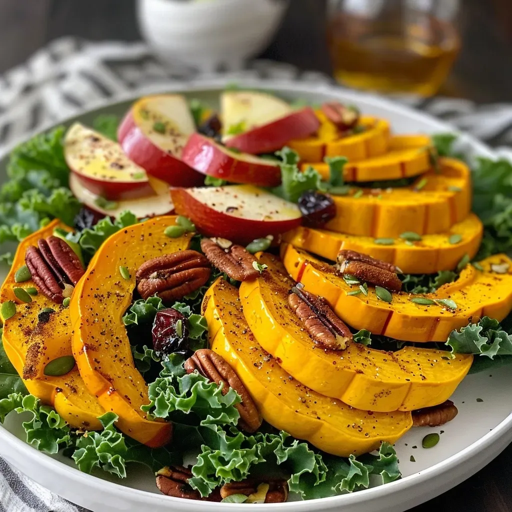 Close-up view of a vibrant roasted delicata squash and kale salad, featuring bright colors and fresh ingredients.
