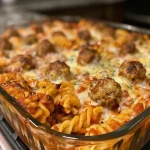 ['Close-up view of a juicy Dump and Bake Meatball Casserole topped with melted cheese and herbs.', 'Side view of a hearty Meatball Casserole, featuring pasta, marinara sauce, and cheese.', 'Juicy meatballs and colorful bell peppers in a delicious casserole dish.', 'A steaming Dump and Bake Meatball Casserole, freshly baked and ready to serve.']