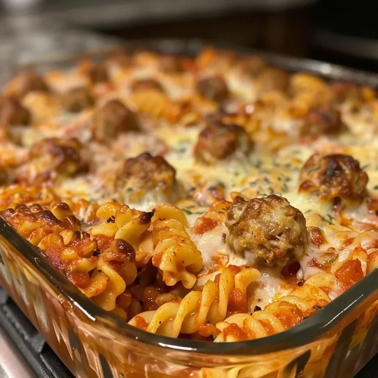['Close-up view of a juicy Dump and Bake Meatball Casserole topped with melted cheese and herbs.', 'Side view of a hearty Meatball Casserole, featuring pasta, marinara sauce, and cheese.', 'Juicy meatballs and colorful bell peppers in a delicious casserole dish.', 'A steaming Dump and Bake Meatball Casserole, freshly baked and ready to serve.']