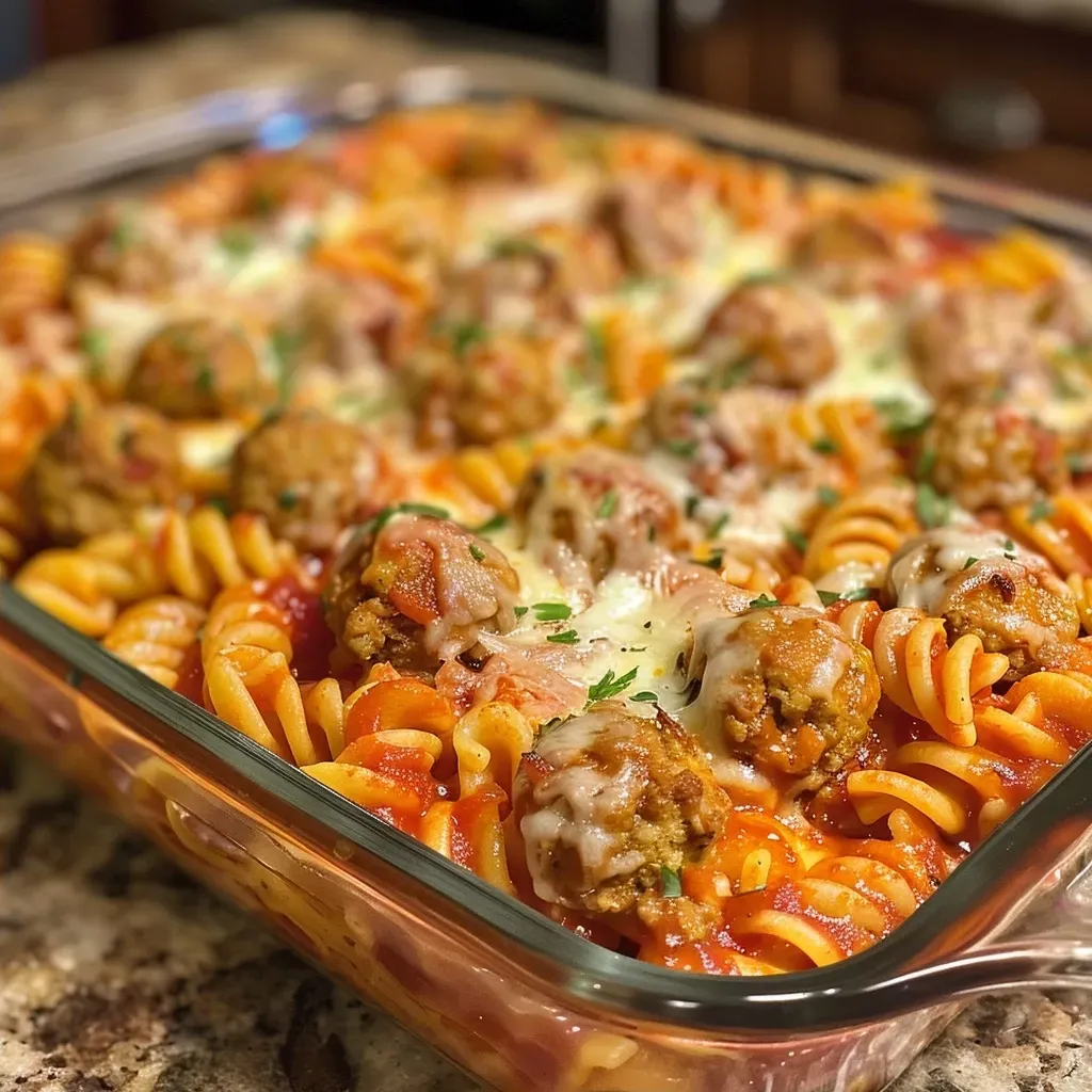 ['Close-up view of a juicy Dump and Bake Meatball Casserole topped with melted cheese and herbs.', 'Side view of a hearty Meatball Casserole, featuring pasta, marinara sauce, and cheese.', 'Juicy meatballs and colorful bell peppers in a delicious casserole dish.', 'A steaming Dump and Bake Meatball Casserole, freshly baked and ready to serve.']