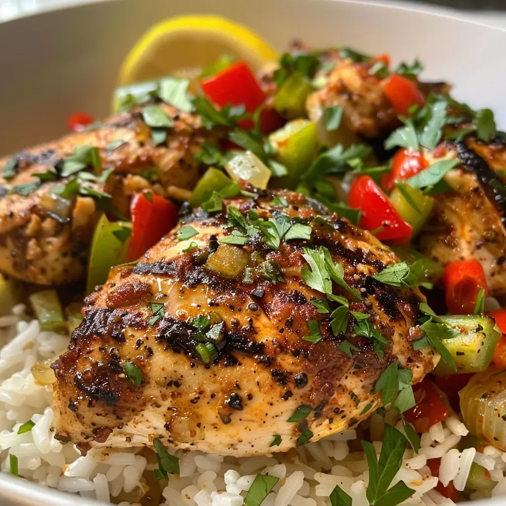 ['Close-up of a plate featuring juicy Cajun chicken thighs and colorful rice with vegetables.', 'Side view of tender Cajun chicken served over rice, garnished with parsley and lemon.', 'A delicious serving of Easy Cajun Chicken and Rice, showcasing vibrant peppers and herbs.', 'Juicy Cajun chicken with fluffy rice, topped with fresh ingredients in a stylish presentation.']