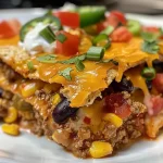 ['Close-up view of a cheesy taco casserole layered with ground beef and vibrant toppings.', 'A side view of a delicious taco casserole topped with melted cheese and fresh vegetables.', 'Juicy Easy Cheesy Taco Casserole with a golden cheesy crust and colorful ingredients visible.', 'A hearty taco casserole featuring ground beef, cheese, and toppings, served in a baking dish.']