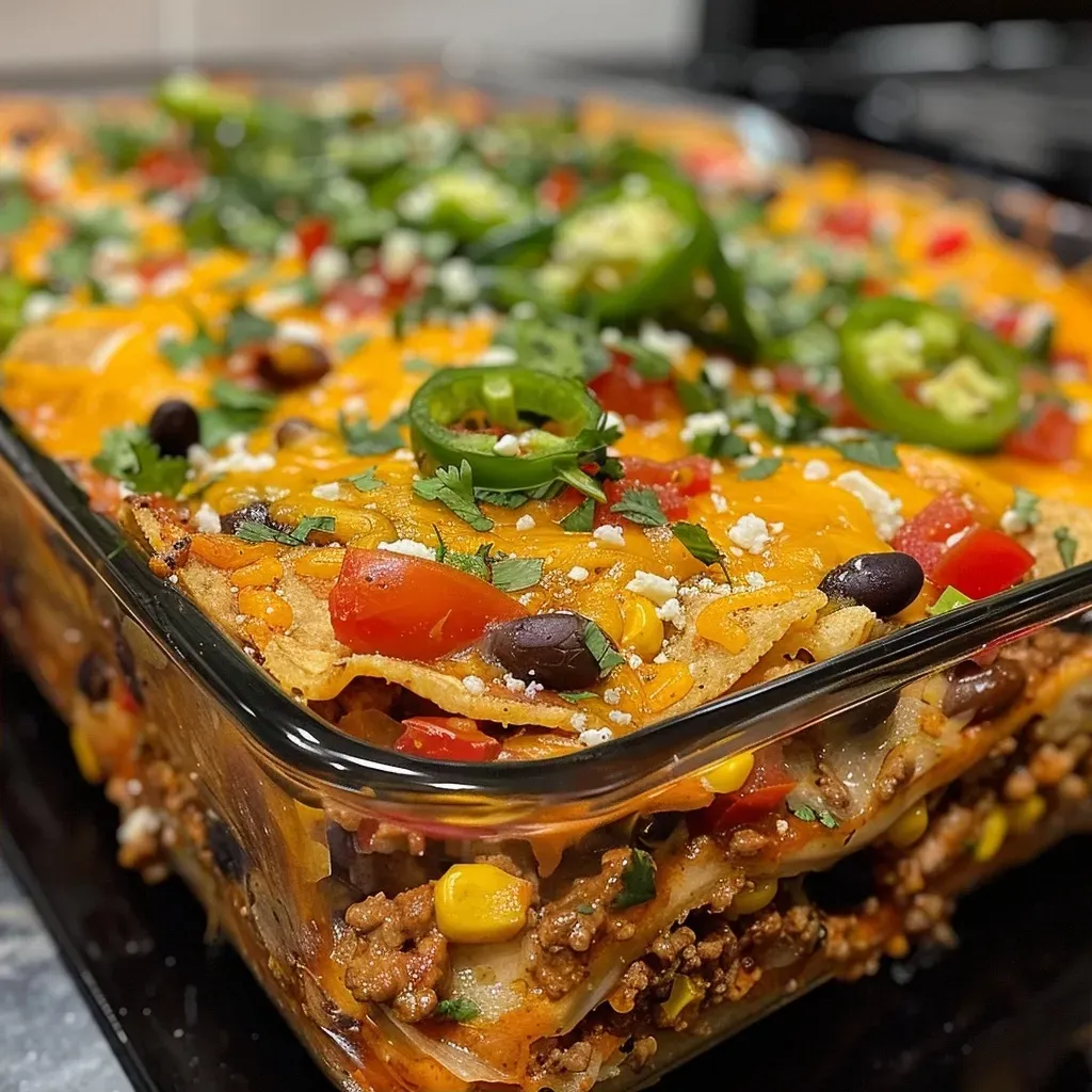 ['Close-up view of a cheesy taco casserole layered with ground beef and vibrant toppings.', 'A side view of a delicious taco casserole topped with melted cheese and fresh vegetables.', 'Juicy Easy Cheesy Taco Casserole with a golden cheesy crust and colorful ingredients visible.', 'A hearty taco casserole featuring ground beef, cheese, and toppings, served in a baking dish.']