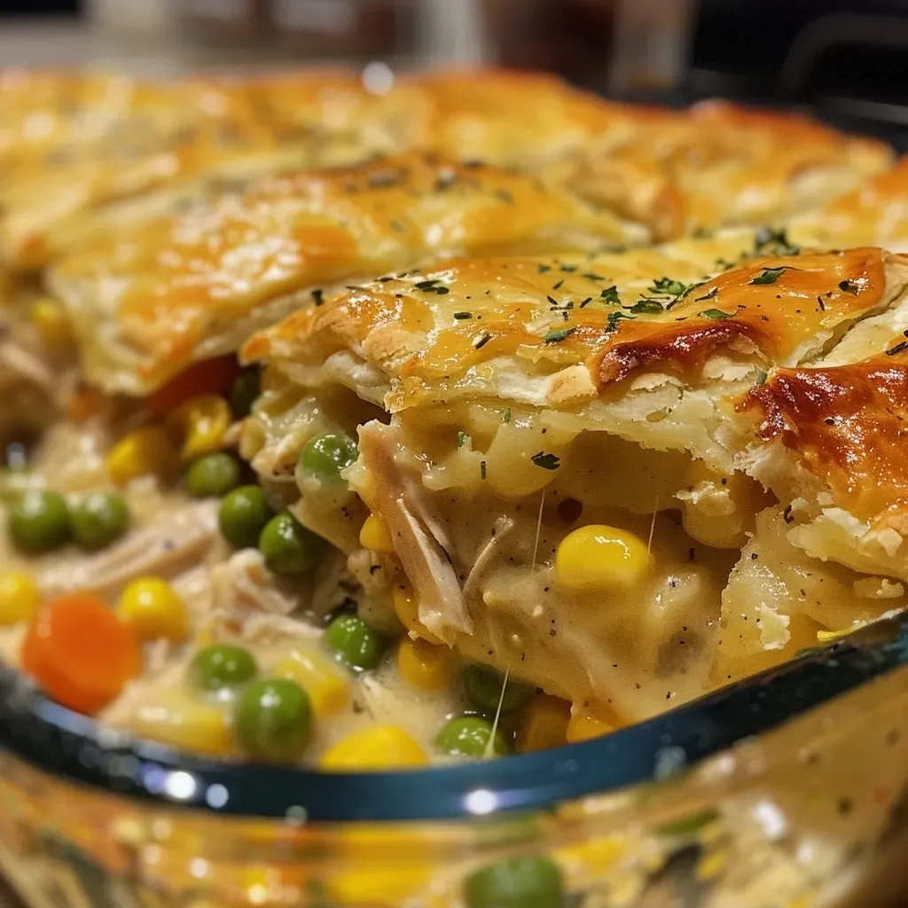 ['Close-up view of a chicken pot pie casserole with visible flaky biscuit topping.', 'Side angle of a hearty chicken pot pie casserole with a golden brown crust and colorful vegetables.', 'Juicy chicken pot pie casserole featuring diced chicken and a creamy filling, served in a baking dish.', 'Delicious chicken pot pie casserole with a crispy biscuit layer and vibrant peas and carrots.']