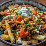 ['Close-up of delicious Easy Chili Cheese Fries topped with melted cheddar cheese and green onions.', 'Side view of a generous serving of Chili Cheese Fries with ground beef, beans, and diced tomatoes.', 'Juicy Easy Chili Cheese Fries with a creamy layer of sour cream, garnished with fresh green onions.', 'Appetizing dish of Easy Chili Cheese Fries with rich toppings, presented in a casual setting.']
