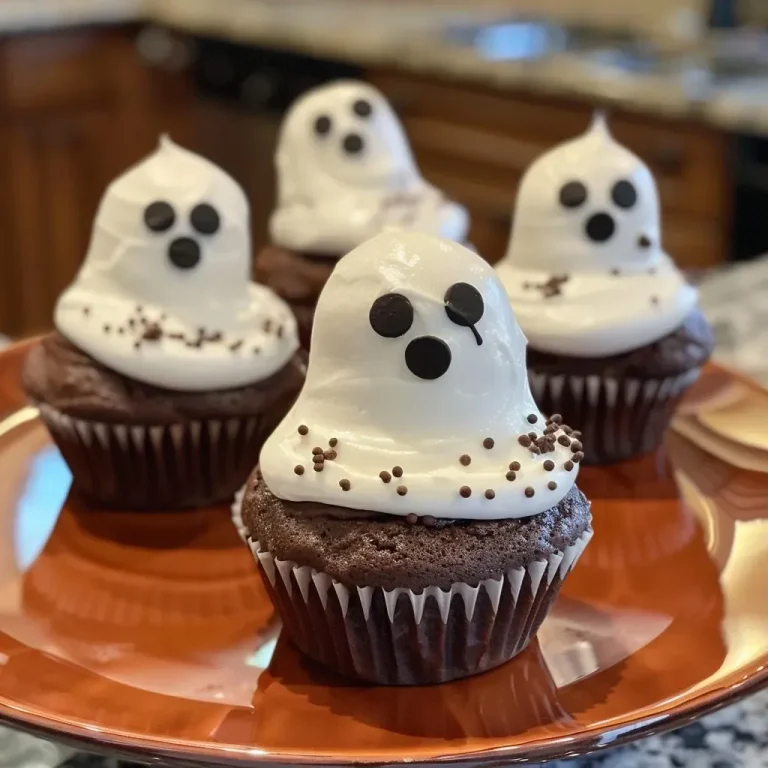 ['Close-up view of delicious ghost-themed cupcakes decorated with black frosting.', 'Side angle of chocolate cupcakes topped with spooky ghost decorations.', 'Detailed shot of Easy Ghost Cupcakes featuring white buttercream and black frosting.', 'Chocolate cupcakes with ghost designs made from frosting on a simple background.']