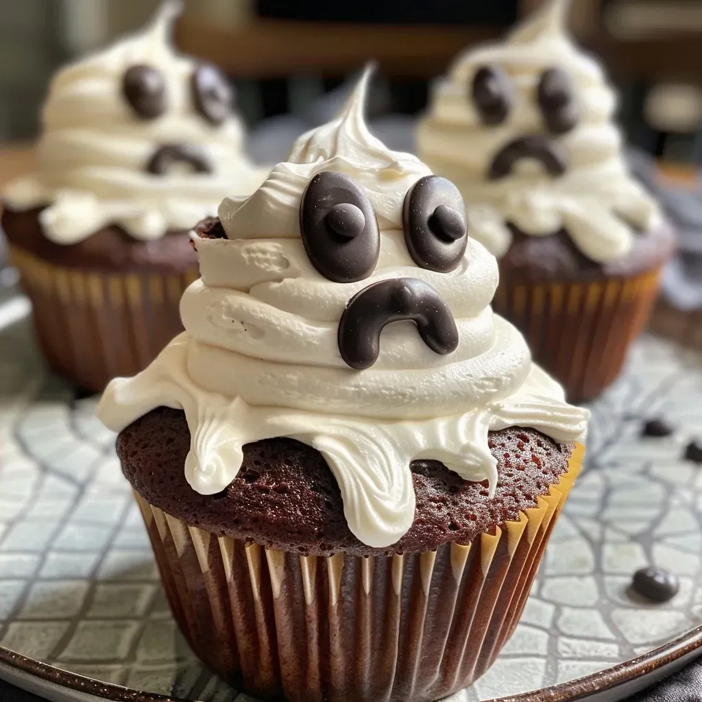 ['Close-up view of delicious ghost-themed cupcakes decorated with black frosting.', 'Side angle of chocolate cupcakes topped with spooky ghost decorations.', 'Detailed shot of Easy Ghost Cupcakes featuring white buttercream and black frosting.', 'Chocolate cupcakes with ghost designs made from frosting on a simple background.']