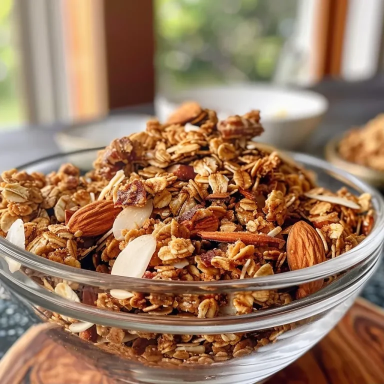 ['Close-up of chewy granola clusters with nuts and coconut flakes.', 'Side view showing golden brown granola clusters packed with almonds and seeds.', 'Tasty granola clusters featuring oats, pecans, and a hint of cinnamon.', 'Delicious homemade granola clusters in a vibrant, textured presentation.']