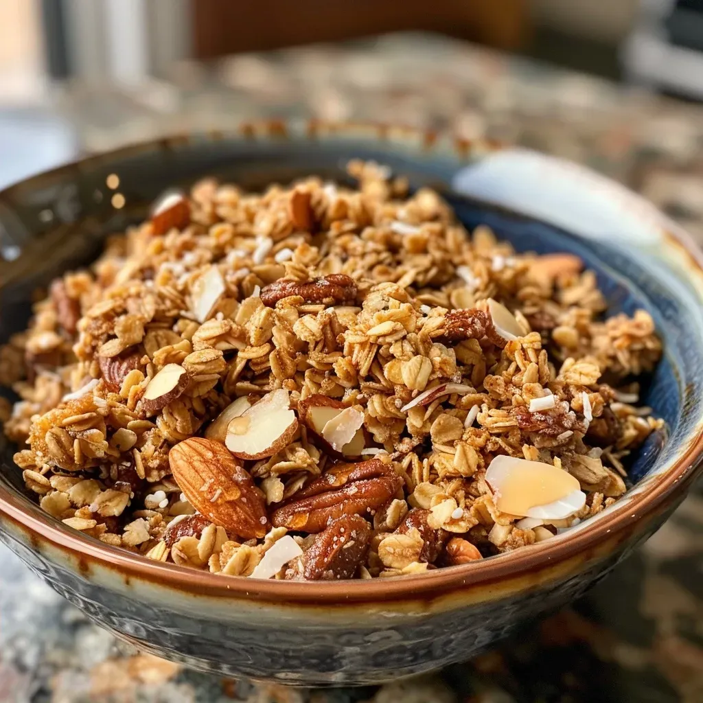 ['Close-up of chewy granola clusters with nuts and coconut flakes.', 'Side view showing golden brown granola clusters packed with almonds and seeds.', 'Tasty granola clusters featuring oats, pecans, and a hint of cinnamon.', 'Delicious homemade granola clusters in a vibrant, textured presentation.']