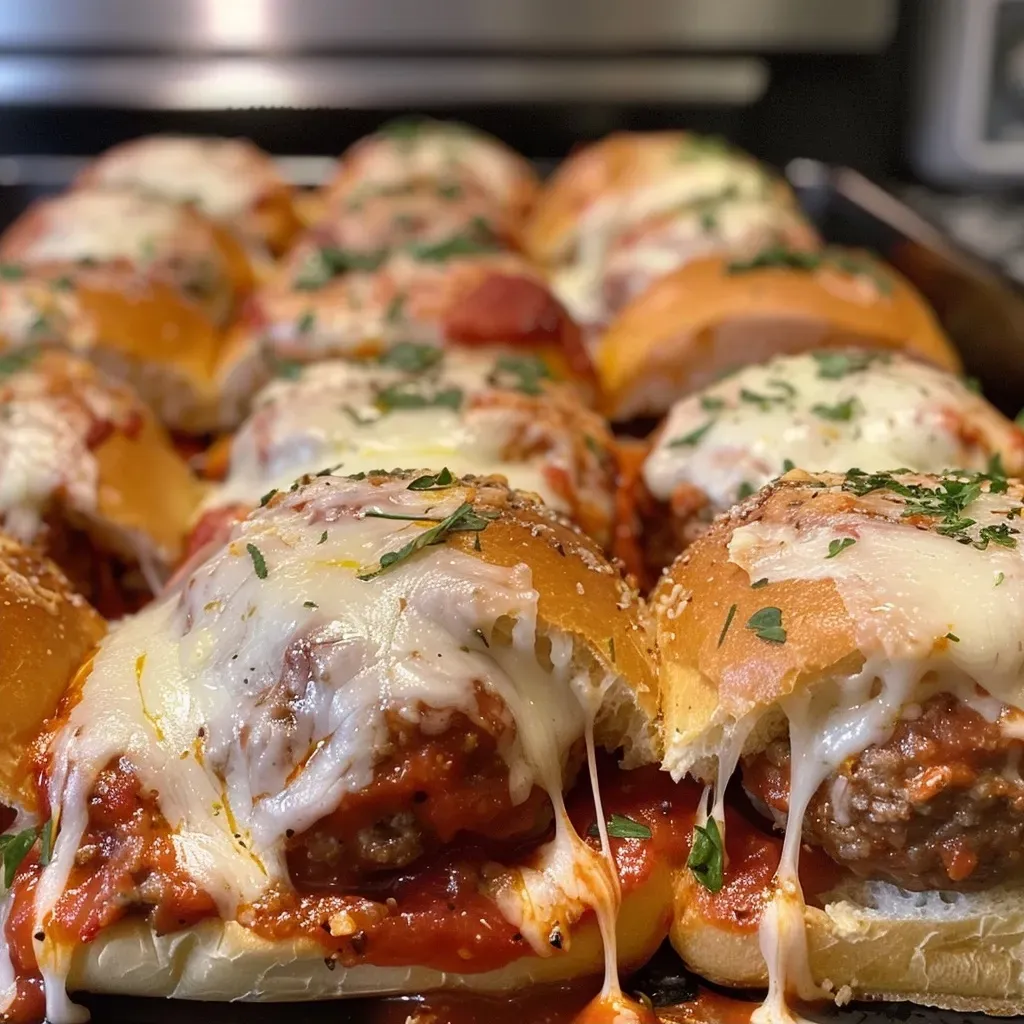 ['A side view of juicy meatball sliders on slider buns topped with melted cheese.', 'Close-up of meatball sliders filled with marinara sauce and gooey mozzarella cheese.', 'A delicious arrangement of meatball sliders on a wooden board, showcasing their ingredients.', 'Tasty meatball sliders with a golden crust, garnished with Italian seasoning.']