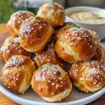 ['Close-up of golden brown pretzel bites served with a honey mustard dipping sauce.', 'Juicy pretzel bites on a plate, accompanied by a small bowl of honey mustard sauce.', 'Side view of crispy pretzel bites with a creamy honey mustard dip on the side.', 'Tasty pretzel bites arranged on a wooden surface next to a bowl of honey mustard.']
