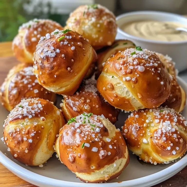 ['Close-up of golden brown pretzel bites served with a honey mustard dipping sauce.', 'Juicy pretzel bites on a plate, accompanied by a small bowl of honey mustard sauce.', 'Side view of crispy pretzel bites with a creamy honey mustard dip on the side.', 'Tasty pretzel bites arranged on a wooden surface next to a bowl of honey mustard.']