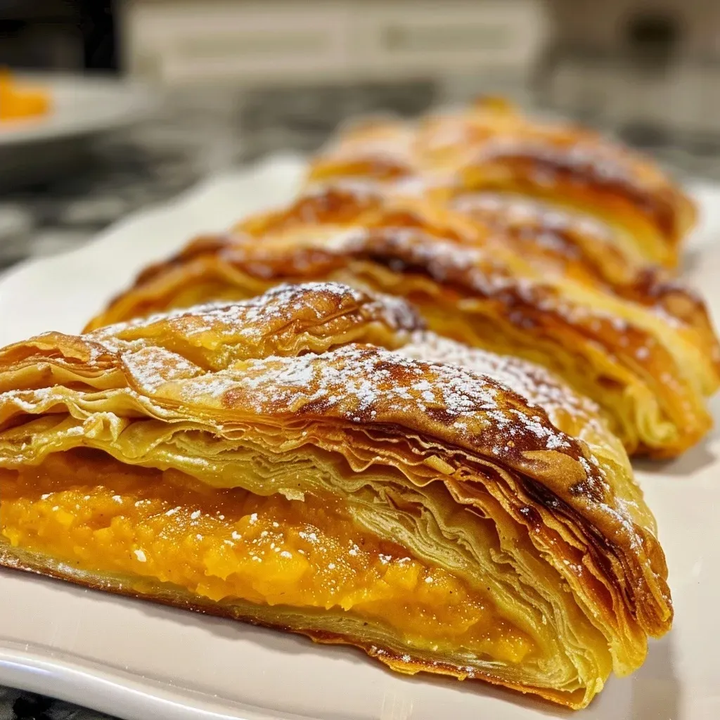 ['Close-up of a golden-brown Easy Pumpkin Danish pastry, showcasing the flaky layers and pumpkin filling.', 'Side view of a freshly baked Easy Pumpkin Danish with a glossy top and hints of coarse sugar.', 'Juicy Easy Pumpkin Danish pastry on a plate, displaying its rich pumpkin interior and flaky exterior.', 'Delicious Easy Pumpkin Danish from the side, highlighting the textured layers and warm colors.']