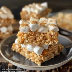 ['Close-up of easy pumpkin Rice Krispie bars drizzled with vanilla glaze.', 'Side view of chewy pumpkin Rice Krispie treats with a creamy drizzle.', 'Delicious pumpkin Rice Krispie bars topped with a vanilla icing.', 'Irresistible pumpkin-flavored Rice Krispie treats garnished with a sweet drizzle.']
