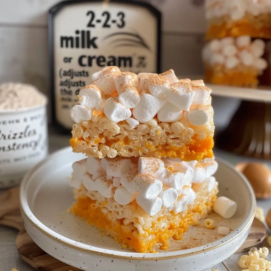 ['Close-up of easy pumpkin Rice Krispie bars drizzled with vanilla glaze.', 'Side view of chewy pumpkin Rice Krispie treats with a creamy drizzle.', 'Delicious pumpkin Rice Krispie bars topped with a vanilla icing.', 'Irresistible pumpkin-flavored Rice Krispie treats garnished with a sweet drizzle.']