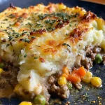 ["A delicious serving of Easy Shepherd's Pie, showcasing layers of mashed potatoes and ground beef with mixed vegetables.", "Close-up side view of Easy Shepherd's Pie, displaying a golden-brown mashed potato topping over the savory filling.", "Juicy Easy Shepherd's Pie with a fluffy potato crust, highlighting the colorful mixed vegetables and ground beef inside.", "An appetizing slice of Easy Shepherd's Pie, featuring a rich filling of meat and veggies beneath a creamy potato layer."]