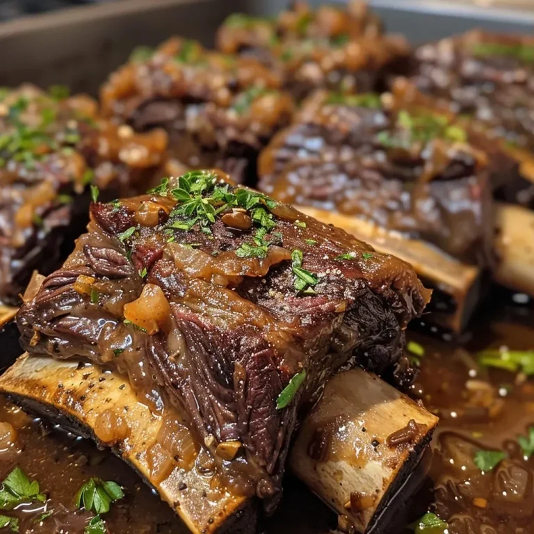 ['Close-up view of juicy beef short ribs in a slow cooker.', 'Side angle of tender short ribs with rich sauce in a slow cooker.', 'Delicious beef short ribs cooking in a slow cooker, garnished with herbs.', 'Appetizing beef short ribs displayed in a crockpot, showing their texture.']