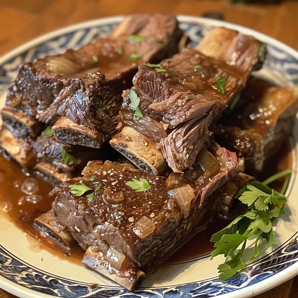 ['Close-up view of juicy beef short ribs in a slow cooker.', 'Side angle of tender short ribs with rich sauce in a slow cooker.', 'Delicious beef short ribs cooking in a slow cooker, garnished with herbs.', 'Appetizing beef short ribs displayed in a crockpot, showing their texture.']