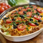 ['Close-up of a colorful Easy Taco Dip featuring layers of Greek yogurt, diced tomatoes, olives, and shredded lettuce.', 'Side view of vibrant Easy Taco Dip garnished with cheese and green onions, ready to serve.', 'Appetizing Easy Taco Dip with layers of Greek yogurt, tomatoes, olives, lettuce, and cheese displayed in a bowl.', 'Close-up image of a delicious taco dip made with Greek yogurt and fresh vegetables, highlighted by a rich color palette.']