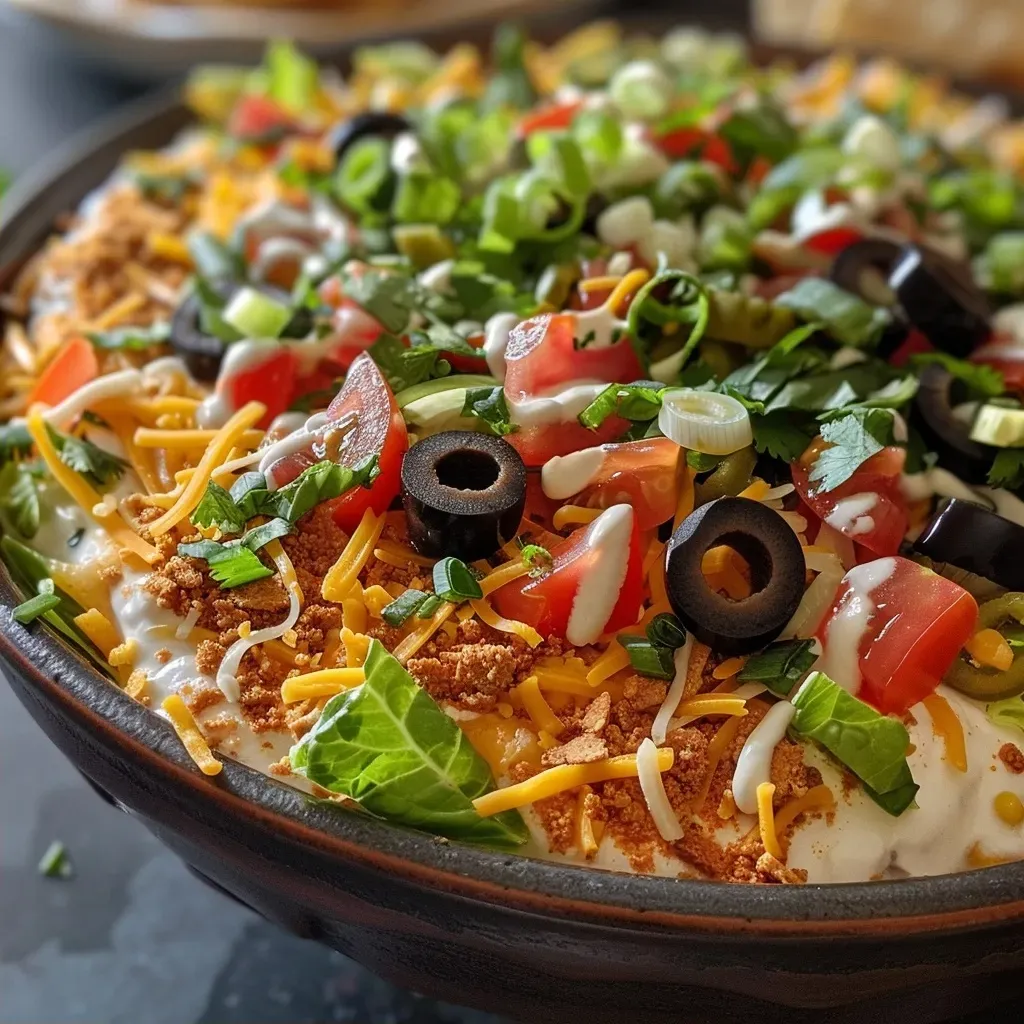 ['Close-up of a colorful Easy Taco Dip featuring layers of Greek yogurt, diced tomatoes, olives, and shredded lettuce.', 'Side view of vibrant Easy Taco Dip garnished with cheese and green onions, ready to serve.', 'Appetizing Easy Taco Dip with layers of Greek yogurt, tomatoes, olives, lettuce, and cheese displayed in a bowl.', 'Close-up image of a delicious taco dip made with Greek yogurt and fresh vegetables, highlighted by a rich color palette.']