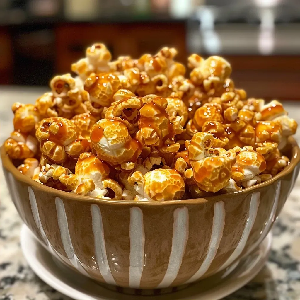 ['Close-up view of golden, caramel-coated toffee popcorn in a bowl.', 'A side view of crunchy toffee popcorn with a shiny glaze, captured on an iPhone.', 'Delicious toffee popcorn clustered together, showcasing its glossy surface.', 'A tempting array of toffee popcorn, highlighting its rich caramel color.']