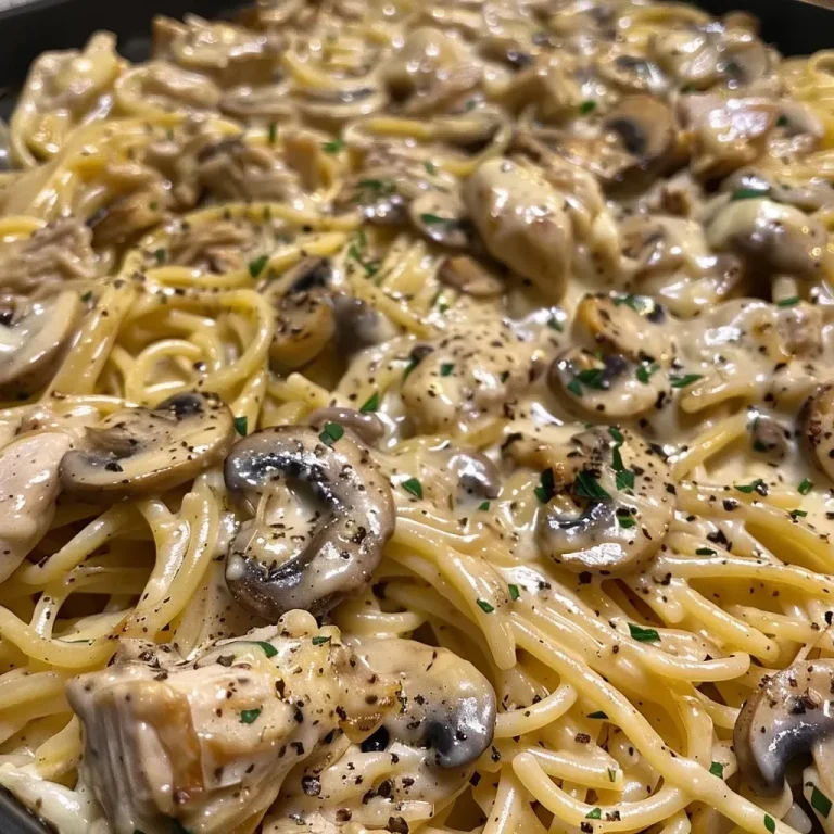 ['Close-up view of a creamy turkey tetrazzini dish with spaghetti and mushrooms.', 'Side view of turkey tetrazzini featuring melted cheese and herbs on top.', 'Delicious Easy Turkey Tetrazzini with visible chunks of turkey and pasta.', 'Appetizing serving of Easy Turkey Tetrazzini showcasing creamy sauce and peas.']