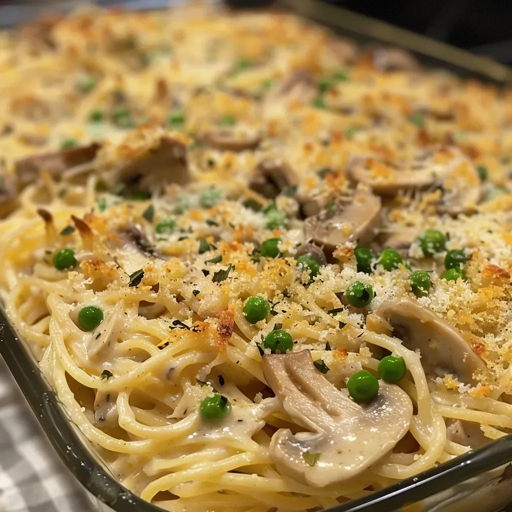 ['Close-up view of a creamy turkey tetrazzini dish with spaghetti and mushrooms.', 'Side view of turkey tetrazzini featuring melted cheese and herbs on top.', 'Delicious Easy Turkey Tetrazzini with visible chunks of turkey and pasta.', 'Appetizing serving of Easy Turkey Tetrazzini showcasing creamy sauce and peas.']