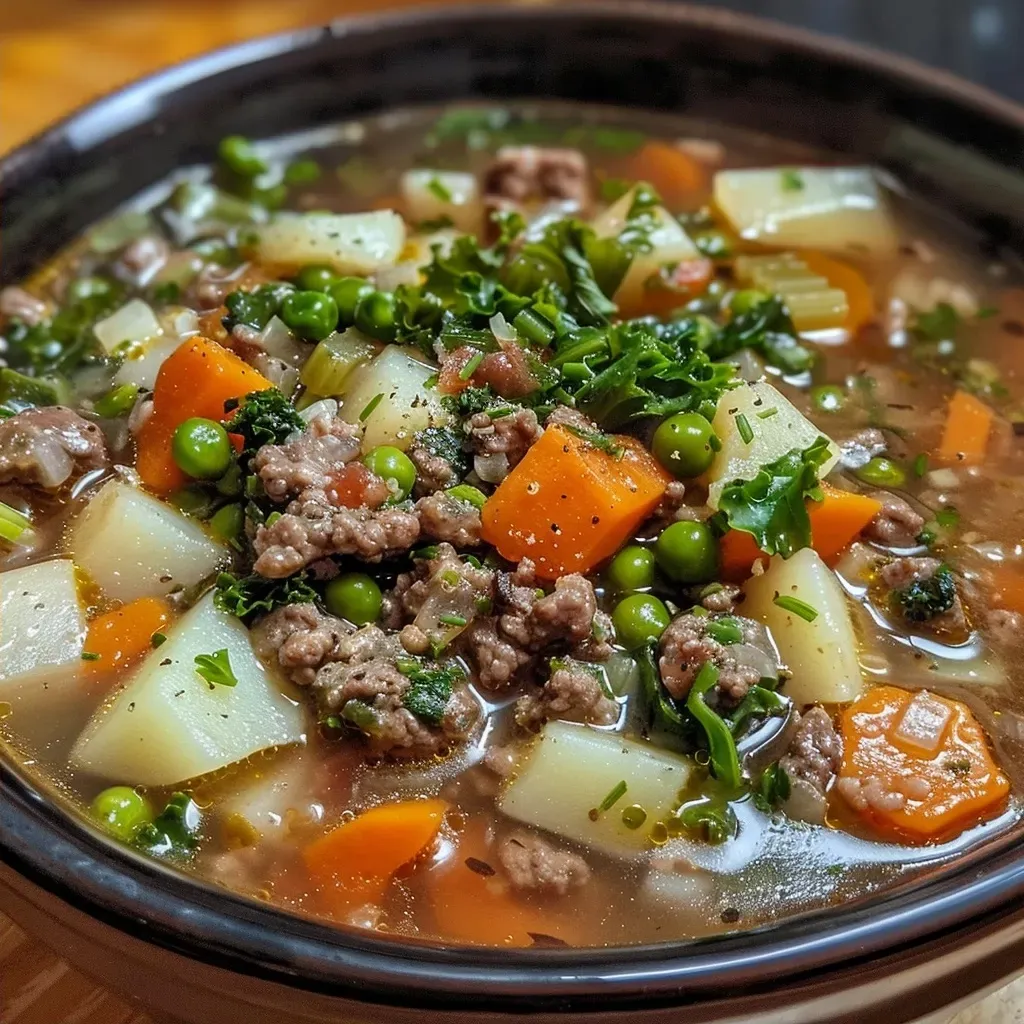 ['Close-up of a hearty vegetable beef soup with chunks of vegetables and ground beef.', 'Side view of a bowl filled with colorful vegetable beef soup garnished with parsley.', 'Delicious Easy Vegetable Beef Soup showcasing diced vegetables and tender meat.', 'A rich, steaming bowl of vegetable beef soup, filled with vibrant ingredients.']