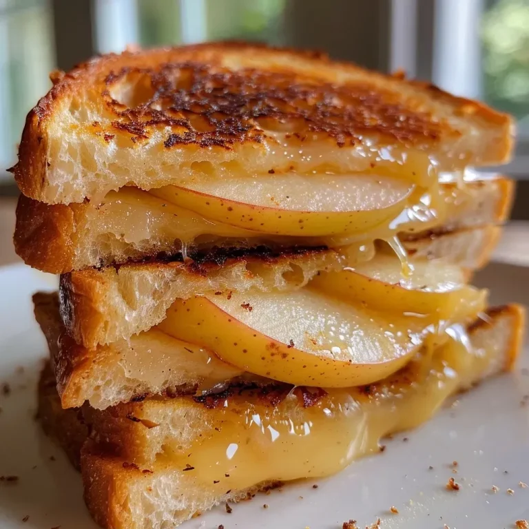 ['Side view of a gooey apple cheddar grilled cheese sandwich on sourdough bread.', 'Close-up of a grilled cheese sandwich with melted cheddar and apple slices, golden crust.', 'Sliced sourdough bread filled with cheese and apple, showing a deliciously melted interior.', 'Juicy apple cheddar grilled cheese, showcasing the texture and colors of the filling.']