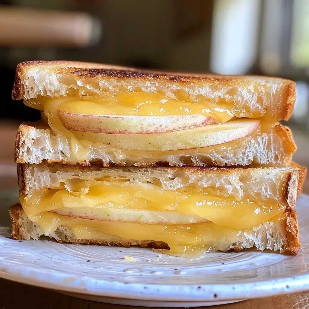 ['Side view of a gooey apple cheddar grilled cheese sandwich on sourdough bread.', 'Close-up of a grilled cheese sandwich with melted cheddar and apple slices, golden crust.', 'Sliced sourdough bread filled with cheese and apple, showing a deliciously melted interior.', 'Juicy apple cheddar grilled cheese, showcasing the texture and colors of the filling.']