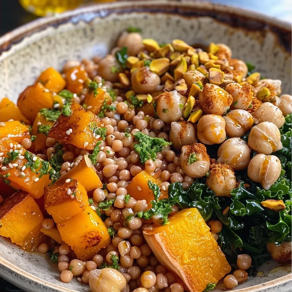 ['Close-up view of a Fall Farro Grain Bowl featuring roasted vegetables and crispy cheese.', 'Side view of a vibrant grain bowl filled with farro, butternut squash, chickpeas, and garnished with nuts.', 'Detailed shot of a wholesome Fall Farro Bowl with colorful roasted veggies and a sprinkle of crispy cheese.', 'Delicious grain bowl showcasing farro, kale, roasted shallots, and topped with a drizzle of honey lemon dressing.']