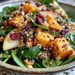 ['Close-up of a vibrant Fall Quinoa Spinach Salad with fresh spinach, butternut squash, and apple.', 'Side view of a colorful quinoa salad featuring green spinach, orange squash, and red cranberries.', 'Detailed image of a healthy salad bowl filled with quinoa, spinach, and assorted fall ingredients.', 'Close-up shot of a nutritious salad showcasing quinoa, pumpkin seeds, and apple pieces.']