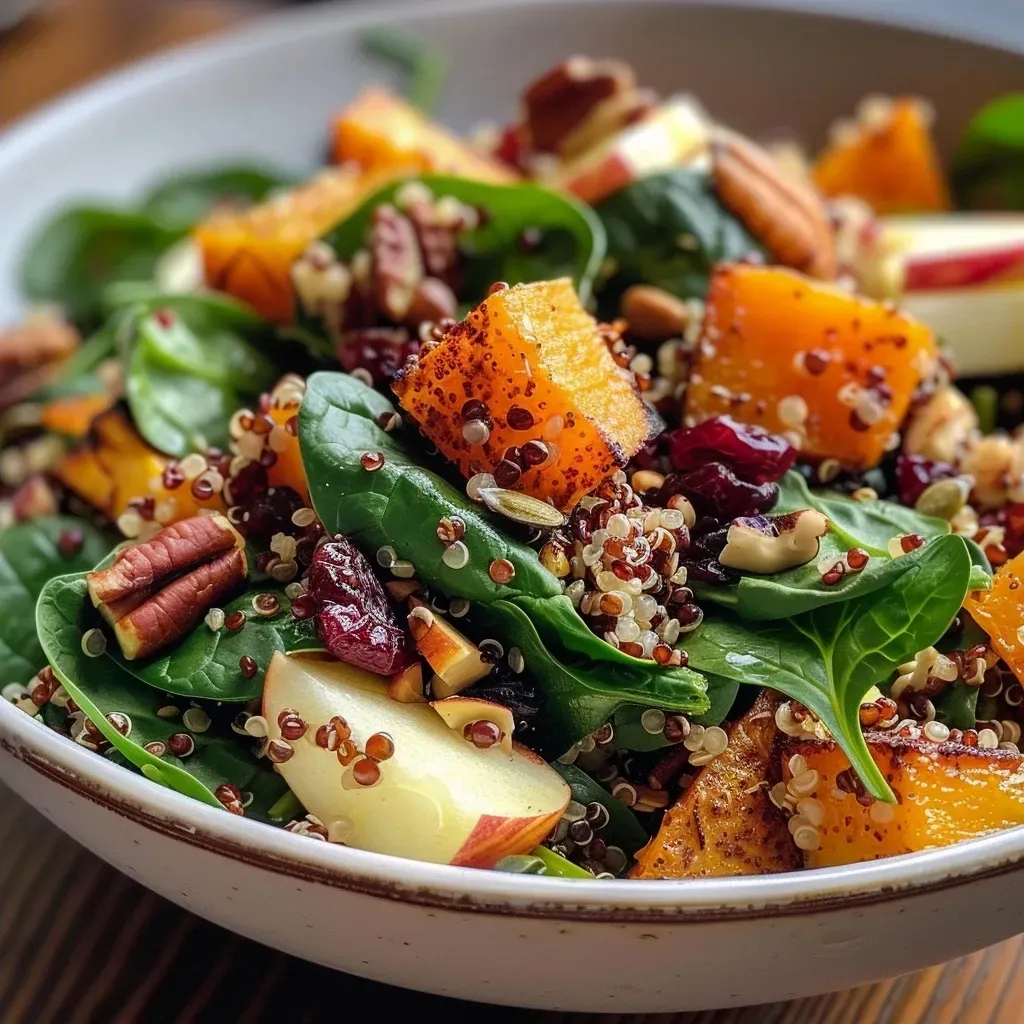 ['Close-up of a vibrant Fall Quinoa Spinach Salad with fresh spinach, butternut squash, and apple.', 'Side view of a colorful quinoa salad featuring green spinach, orange squash, and red cranberries.', 'Detailed image of a healthy salad bowl filled with quinoa, spinach, and assorted fall ingredients.', 'Close-up shot of a nutritious salad showcasing quinoa, pumpkin seeds, and apple pieces.']