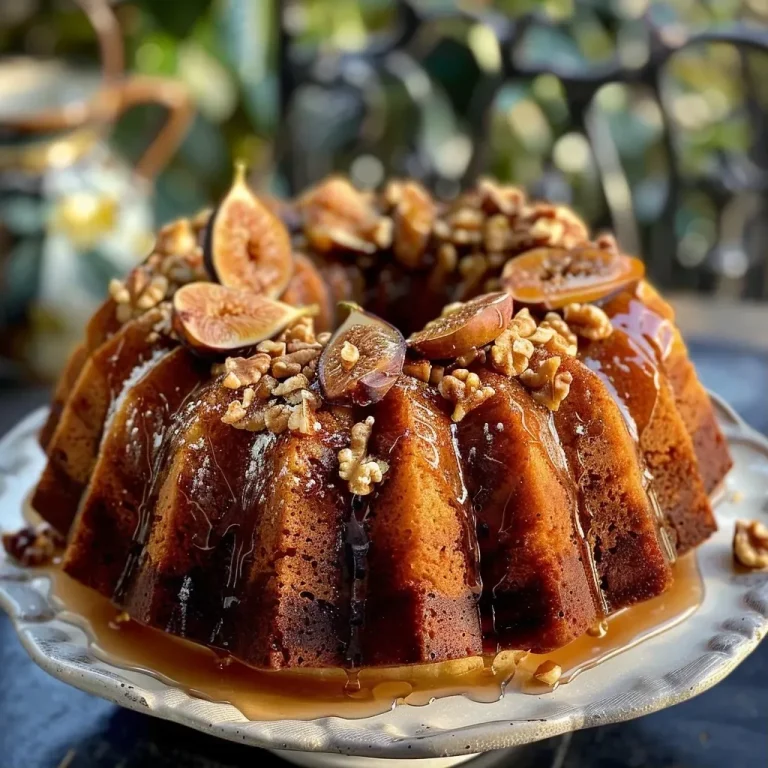 ['A moist Fig and Caramelized Walnut Bundt Cake with a rich texture and toppings.', 'Close-up side view of a Bundt Cake adorned with figs and caramelized walnuts.', 'A deliciously presented Fig Bundt Cake showcasing caramelized walnuts on top.', 'A slice of Bundt Cake featuring figs and walnuts, highlighting its moist interior.']