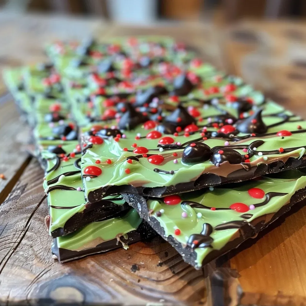 ['Close-up of Frankenstein-themed chocolate bark with green candy melts and eye sprinkles.', 'Side view of colorful Frankenstein chocolate bark featuring green, red, and black icing decorations.', 'Detailed image of Halloween chocolate bark resembling Frankenstein, showcasing vibrant colors and toppings.', 'Tasty Frankenstein chocolate bark displayed with an emphasis on its bright colors and spooky elements.']